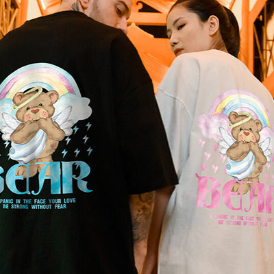 Camiseta Básica Casal Com Estampa Urso Anjinhos - Preto e Branco