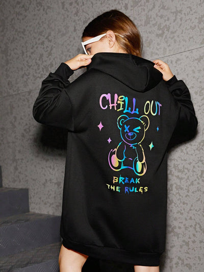 Moletom Com Capuz Unissex Com Estampa Ursinho Neon - Preto