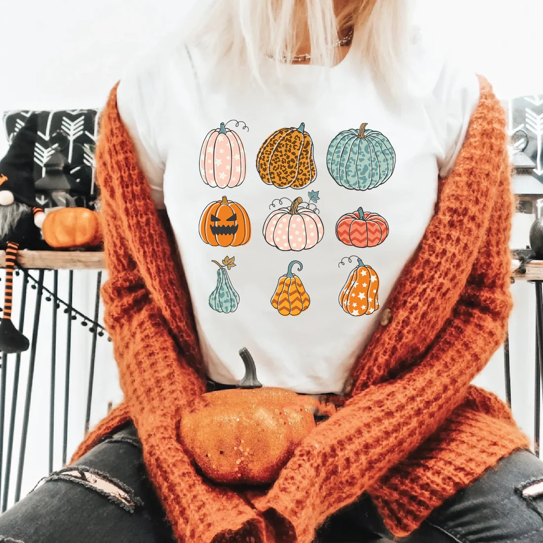 Camiseta Básica Halloween Fall Pumpkins