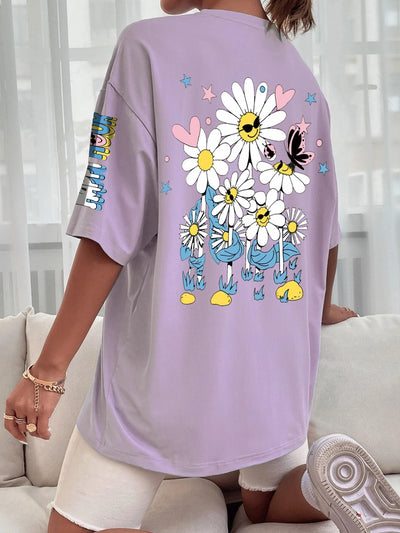 Camiseta Feminina Estilo Coreano Flor Happy Feliz Flower