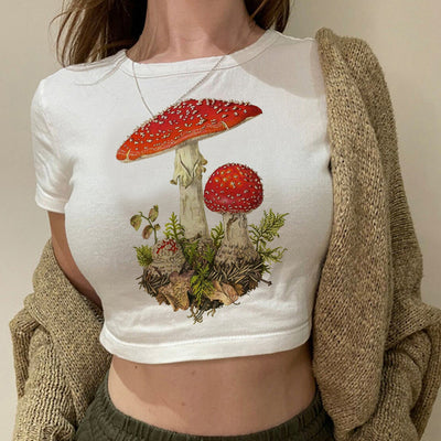 Camiseta Cropped Cogumelos Vintage