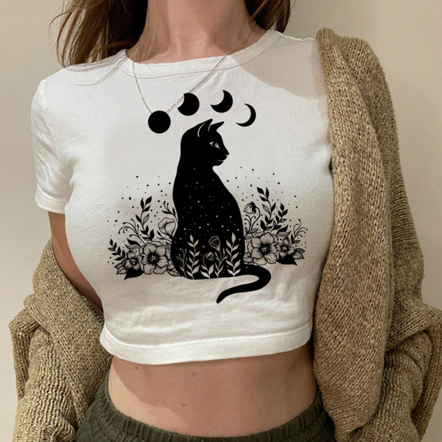 Camiseta Cropped Gato e Fases da Lua