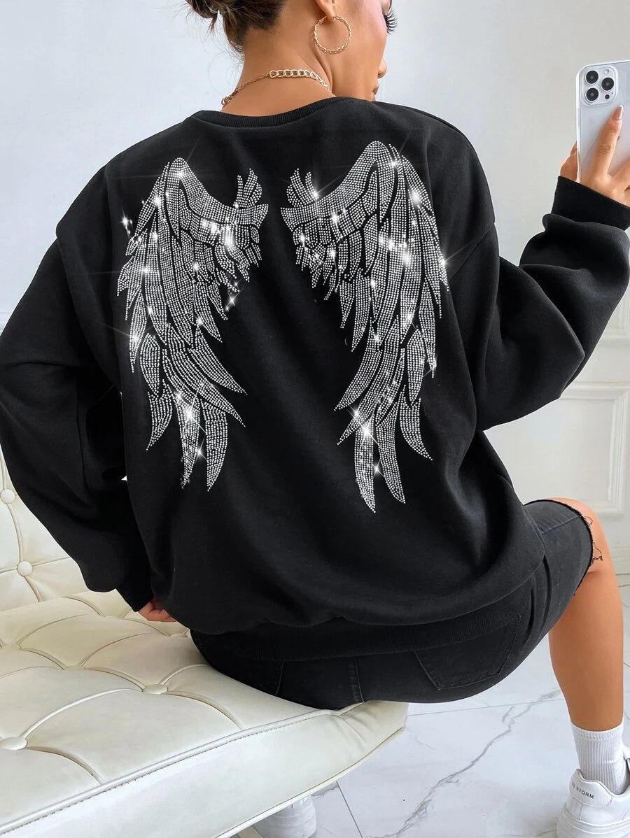 moletom gola redonda com estampa asas de anjo brilhante - Preto