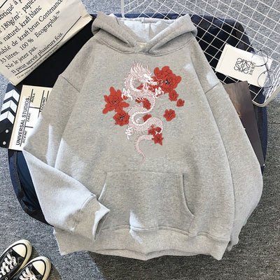 moletom canguru com estampa dragão flores - cinza