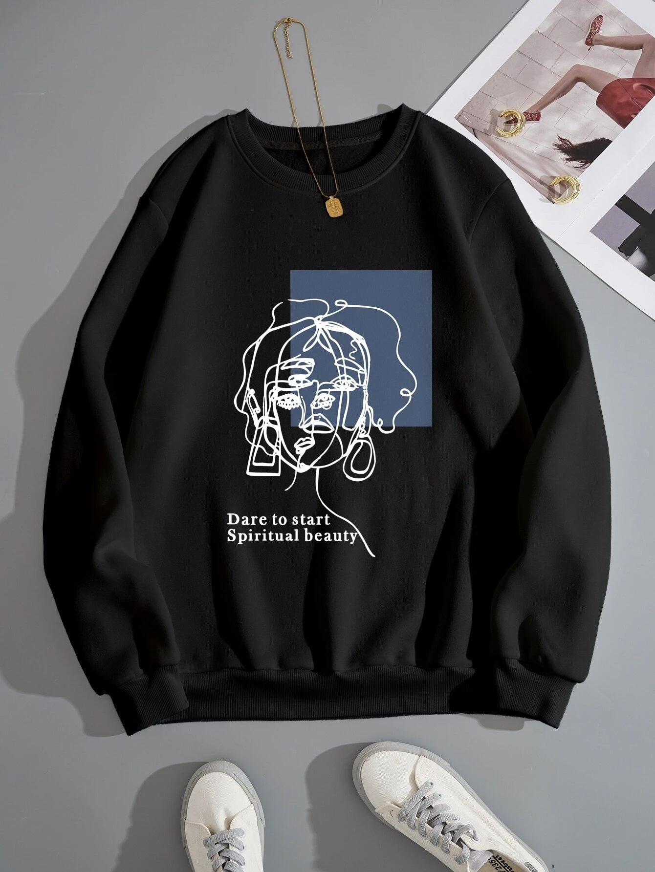 Moletom gola redonda com estampa arte mulher