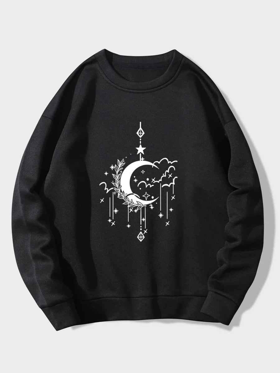 Moletom gola redonda com estampa universo lua e estrelas- preto