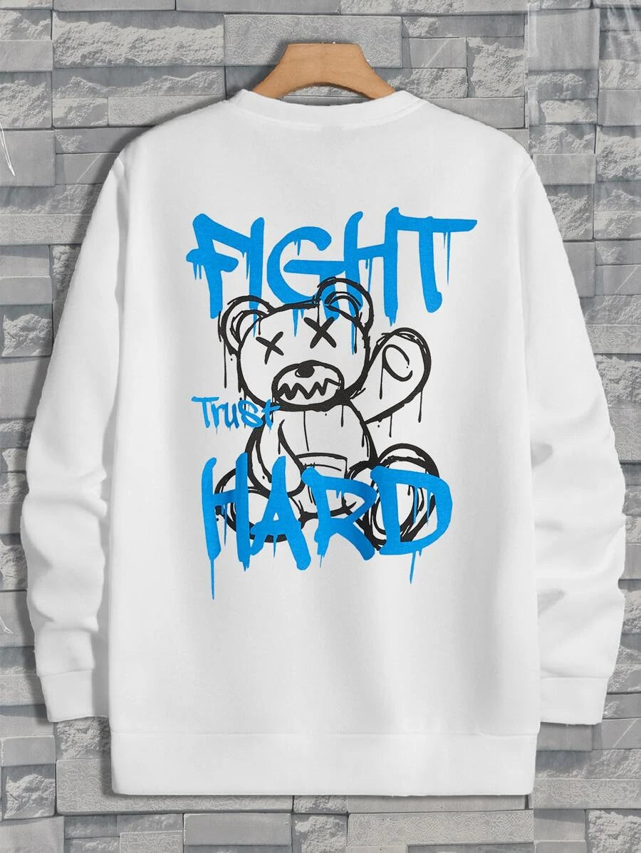 MOletom canguru com estampa urso sentado fight hard - Branco