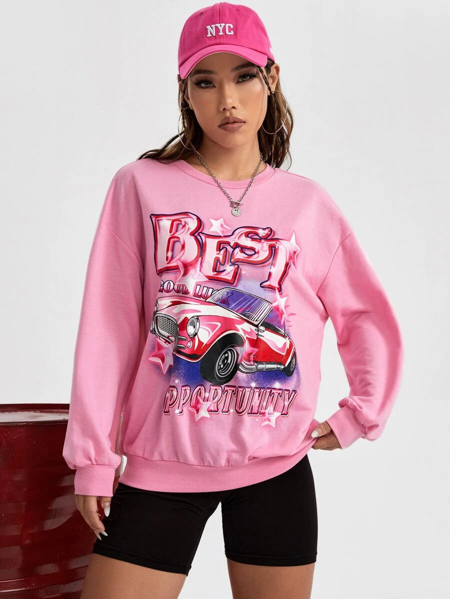 Moletom gola redonda com estampa carro rosa estrelas
