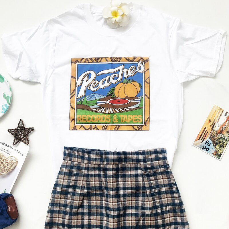 Camiseta Básica Algodão Vintage Fashion Peaches Records - branco