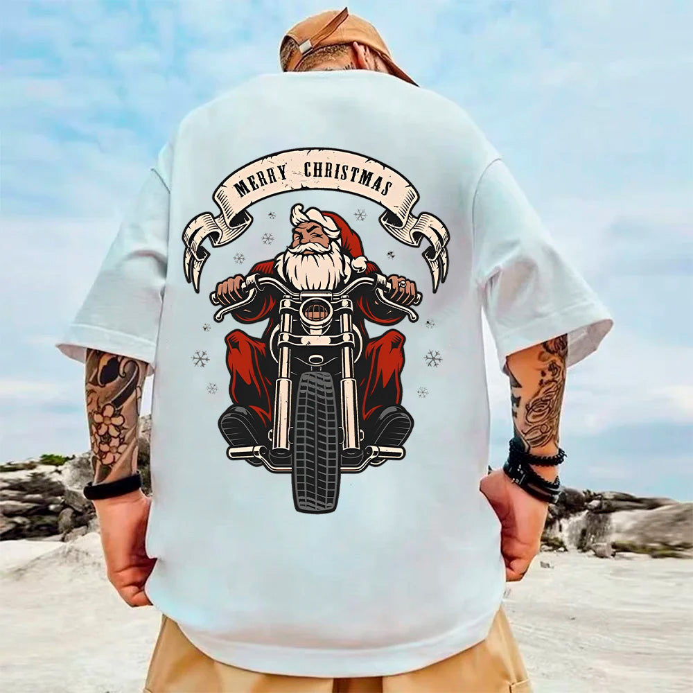 Camiseta Básica Unissex Com Estampa Motoqueiro Papai noel