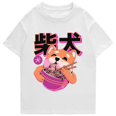 Camiseta Básica Com Estampa Cachorro Comendo Lámen - Branco