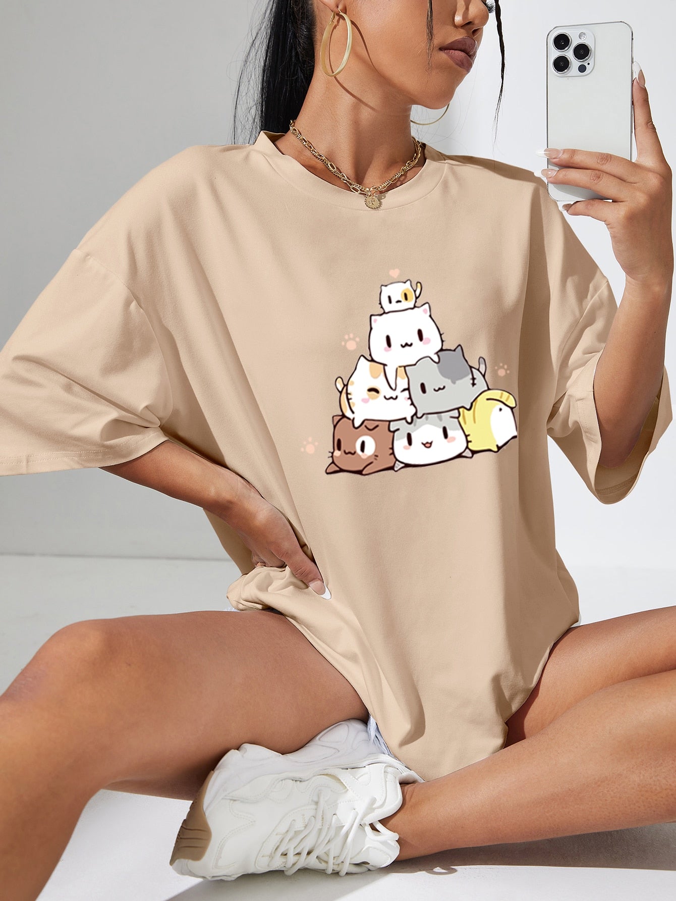 Camiseta Básica Com Estampa Monte De Gatinhos Fofos