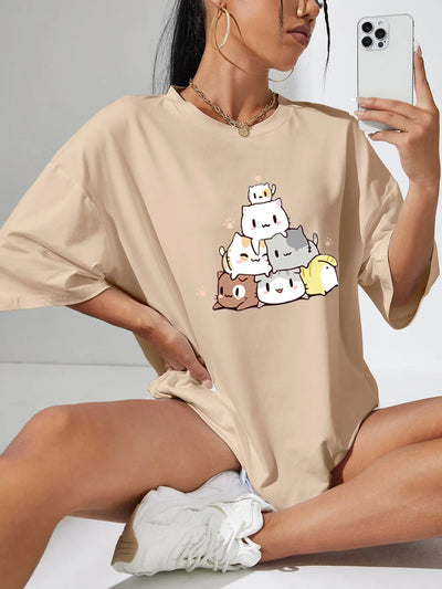 Camiseta Básica Com Estampa Monte De Gatinhos Fofos