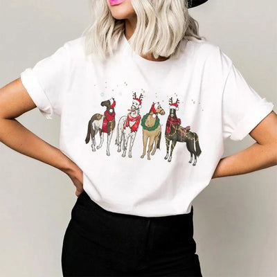 Camisetas Básica Feminina Com Estampa Cavalos Natalinos