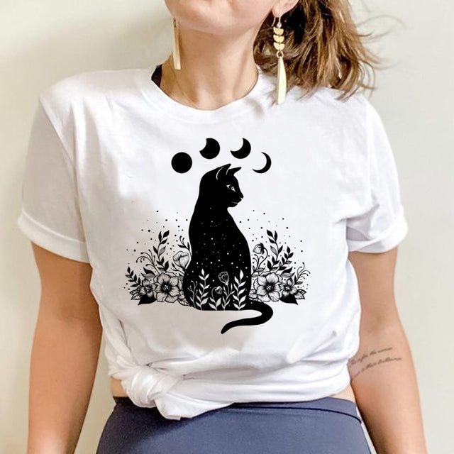 camiseta Básica Com Estampa Gato Preto Luas- Branco