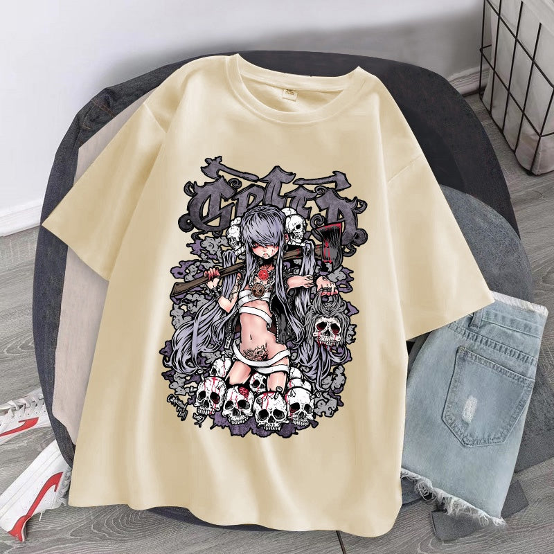 Camiseta Básica com estampa Menina Morte Caveiras