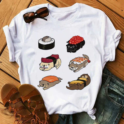 Camiseta básica com estampa lontra animal sushi