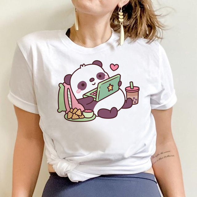 Camiseta básica com estampa panda preguiçoso  - Branco
