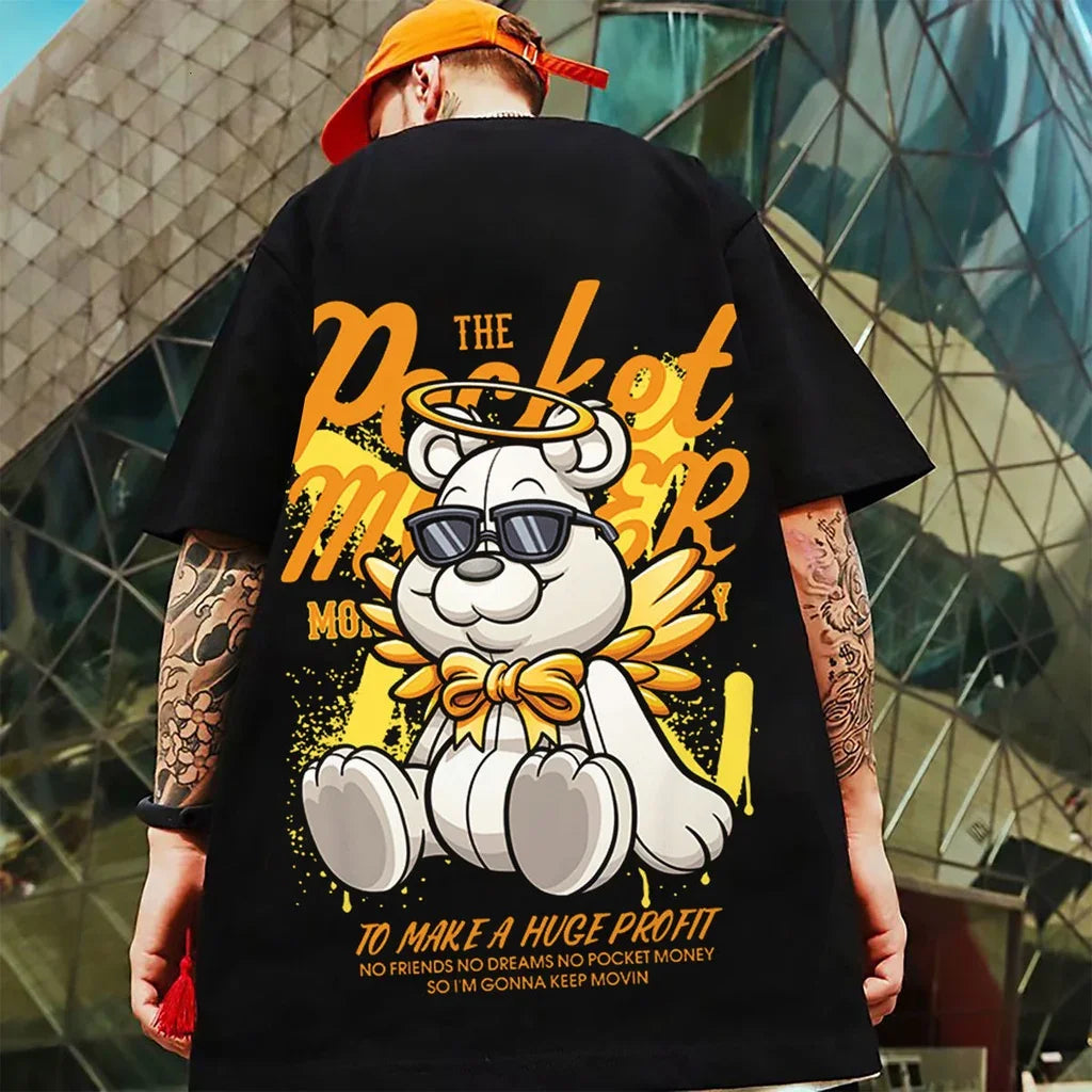 Camiseta Básica preta Com Estampa Ursinho Anjo Sentado - Preto