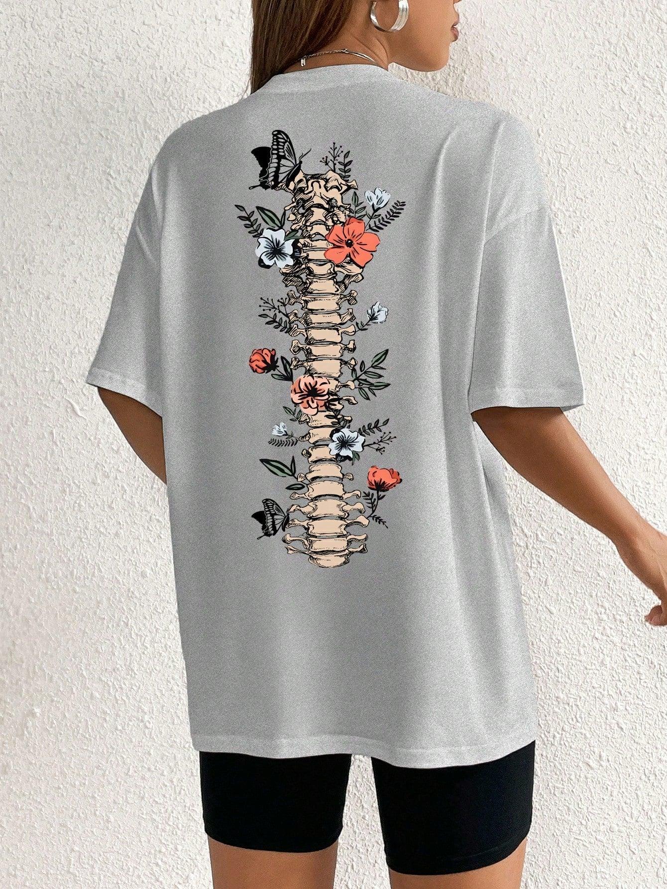 Camiseta Básica Spine With Flowers -  cinza