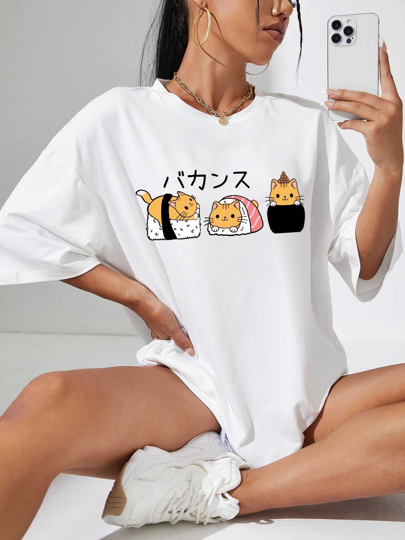 Camiseta Básica Com Estampa Sushi Gato- Branco