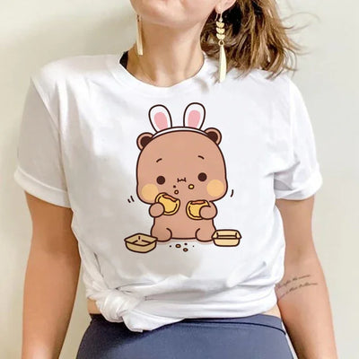 Camiseta básica branca com estampa Panda comendo - Branco