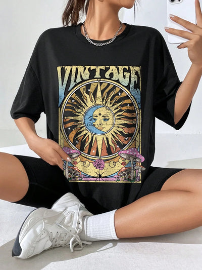 Camiseta Básica Vintage Sun and Moon - preto