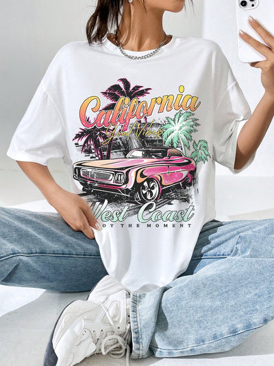 Camiseta Básica Com Estampa Carro Rosa California