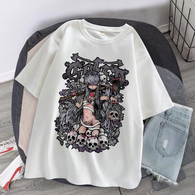 camiseta básica com estampa caveira menina segurando machado