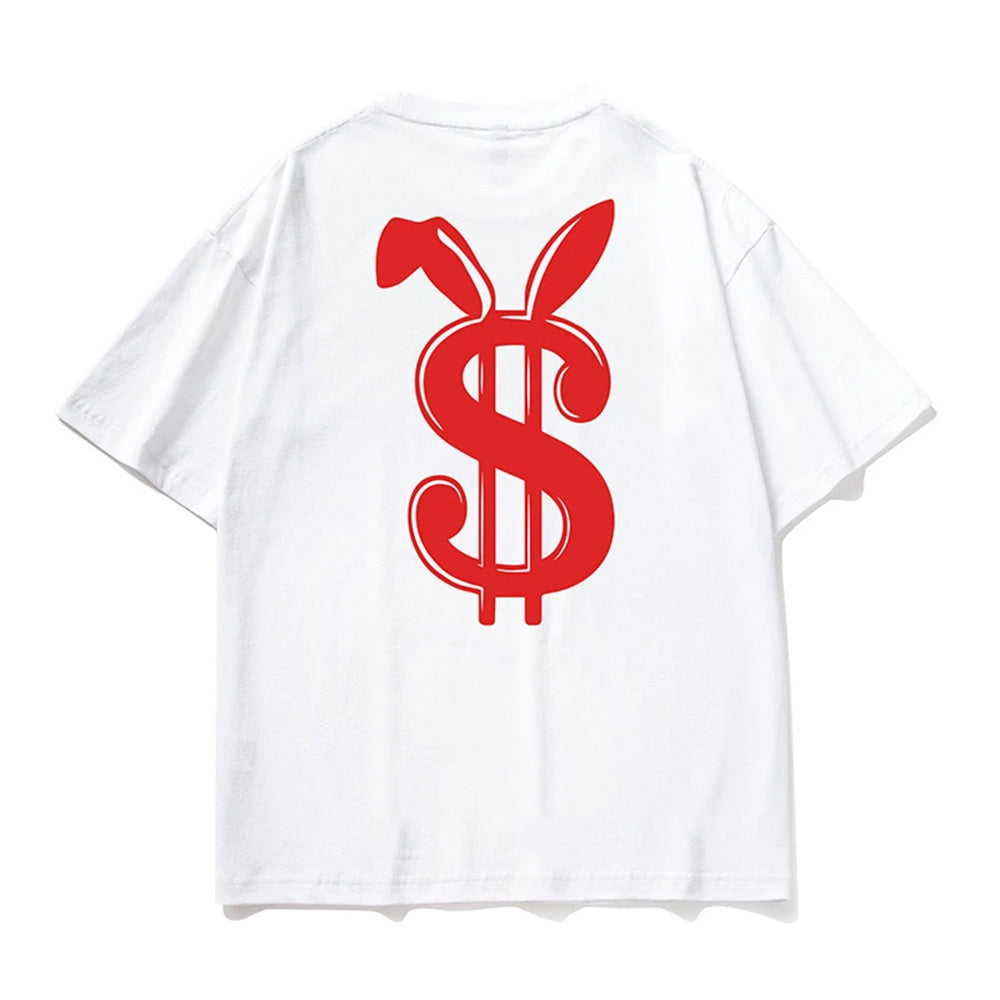 camiseta básica com estampa dinheiro coelho