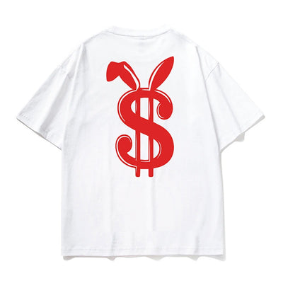 camiseta básica com estampa dinheiro coelho