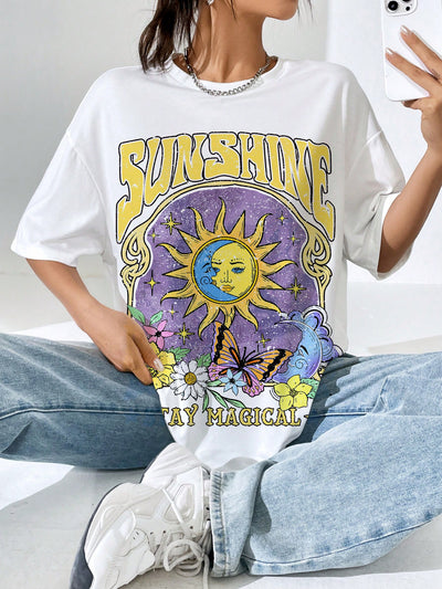 CAmiseta básica Com Estampa lua e sol