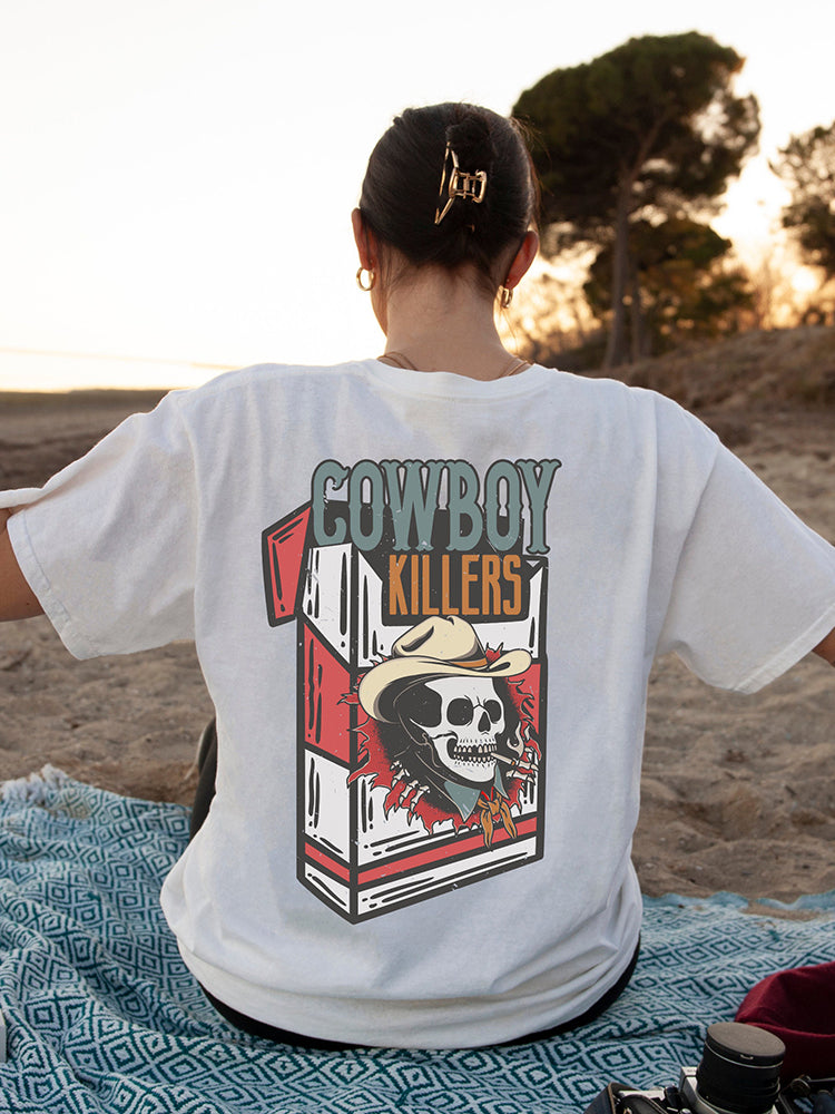 Camiseta Feminina Com Estampa Esqueleto Cigarro Cowboy