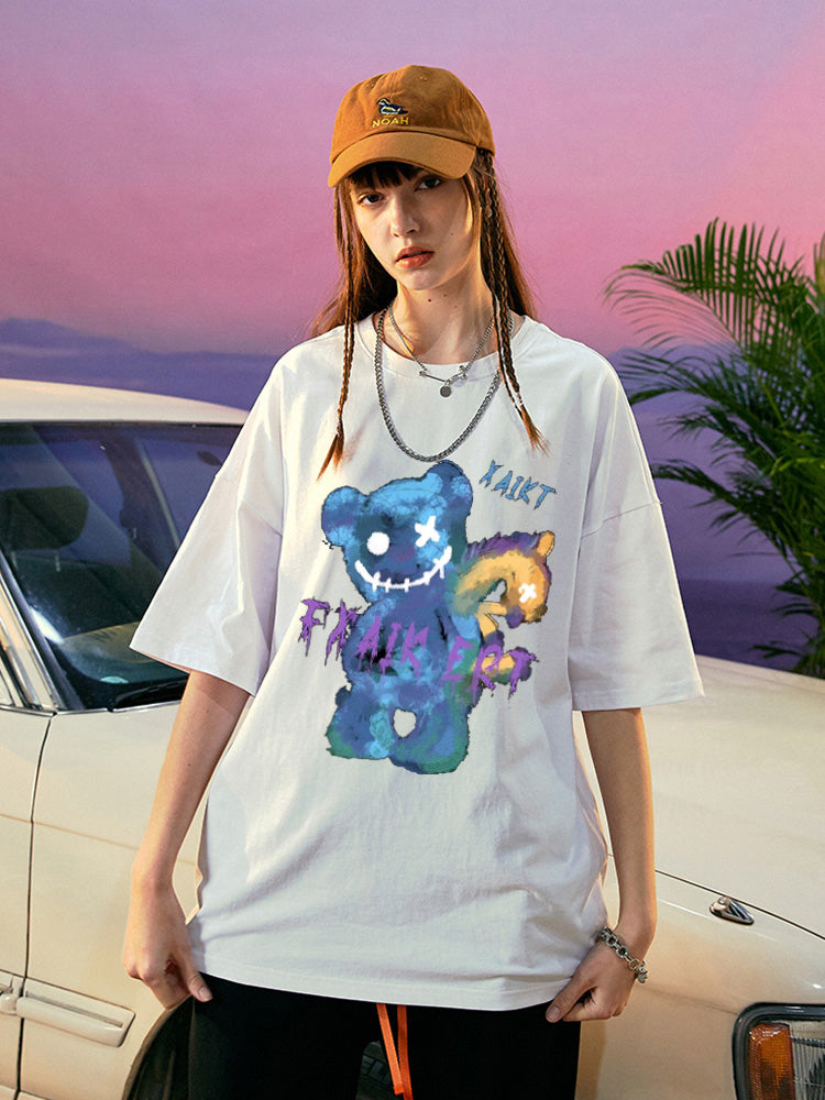 Camiseta basica branca Com Estampa Ursinho Sorriso Macabro - Branco