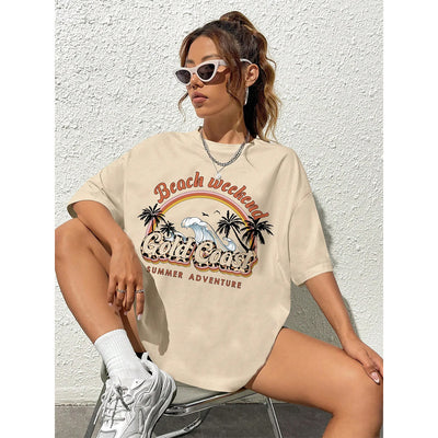 Camiseta Básica Feminina Com Estampa Ondas De Praia