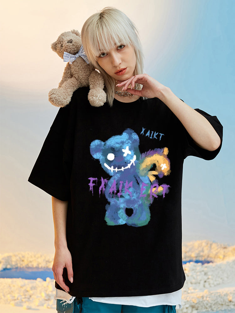 Camiseta basica preta Com Estampa Ursinho Sorriso Macabro - Preto