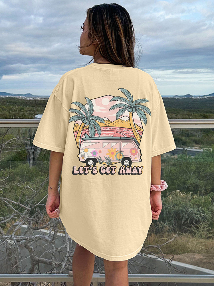 Camiseta Feminina Com Estampa Van rosa Coqueiros