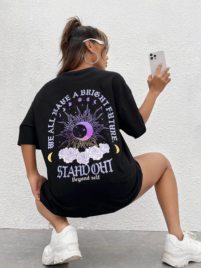 Camiseta feminina com estampa Lua roxa-preto 