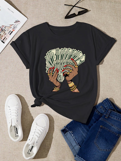 Camiseta feminina com estampa Mãos dinheiro
