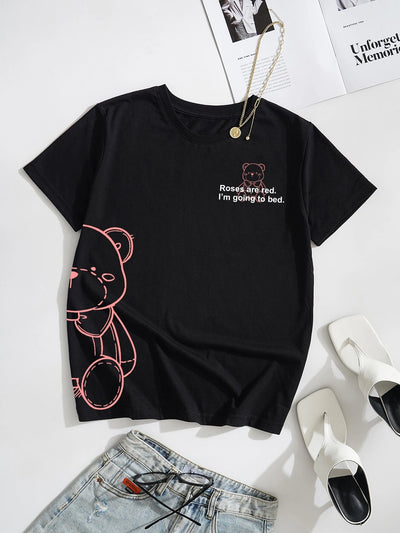 Camiseta feminina com estampa ursinho engraçado - Preto
