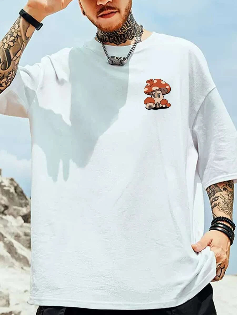 camiseta masculina com estampa casa cogumelo- branco 