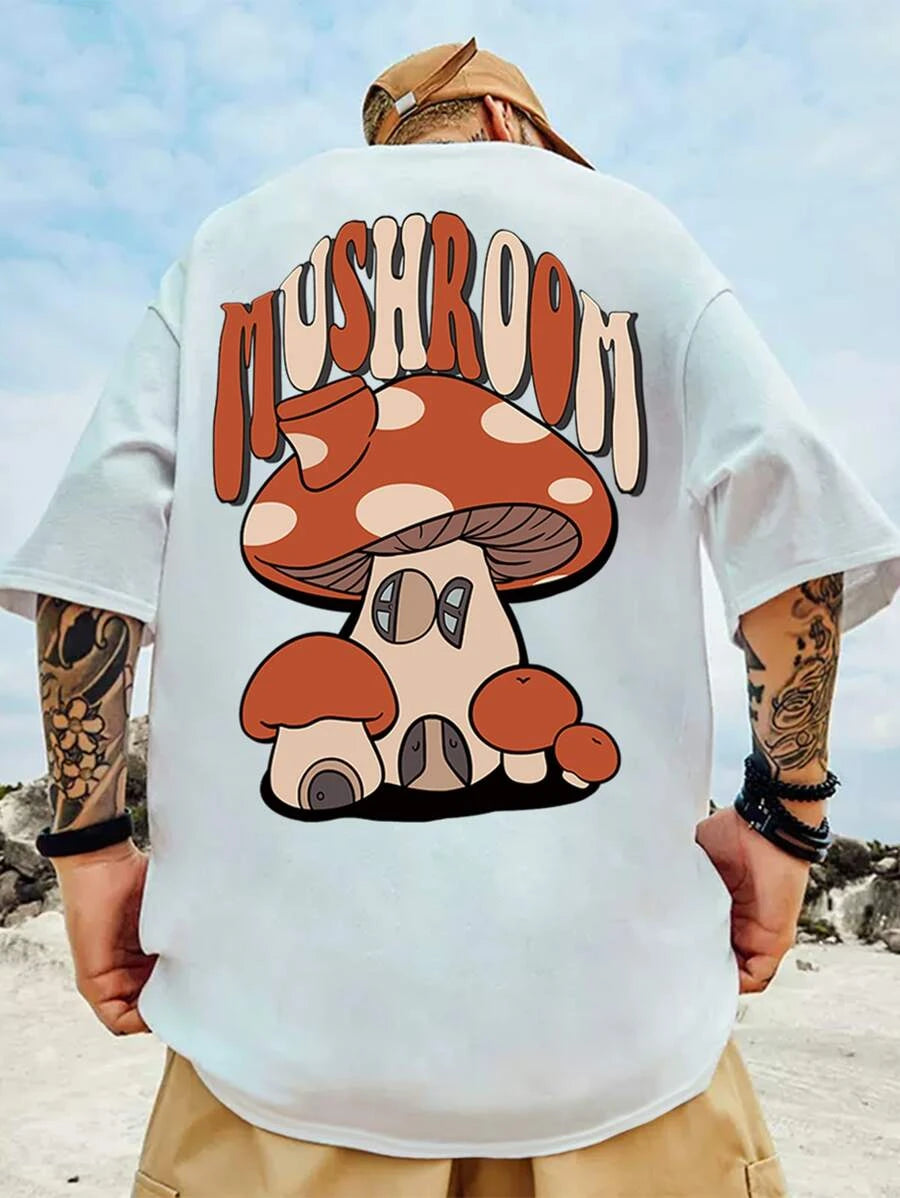Camiseta masculina com estampa casa cogumelo- branco