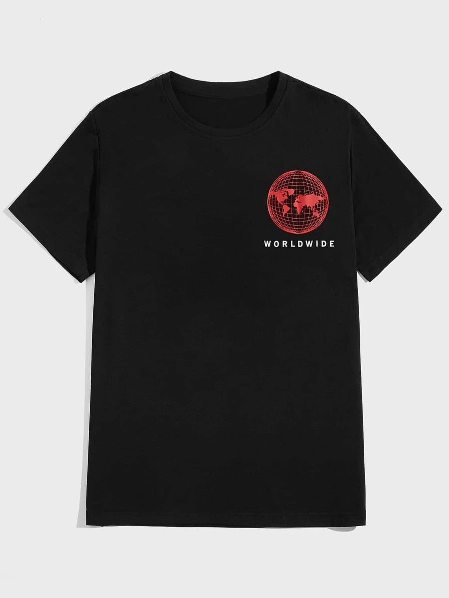 camiseta masculina com estampa mundo vermelho