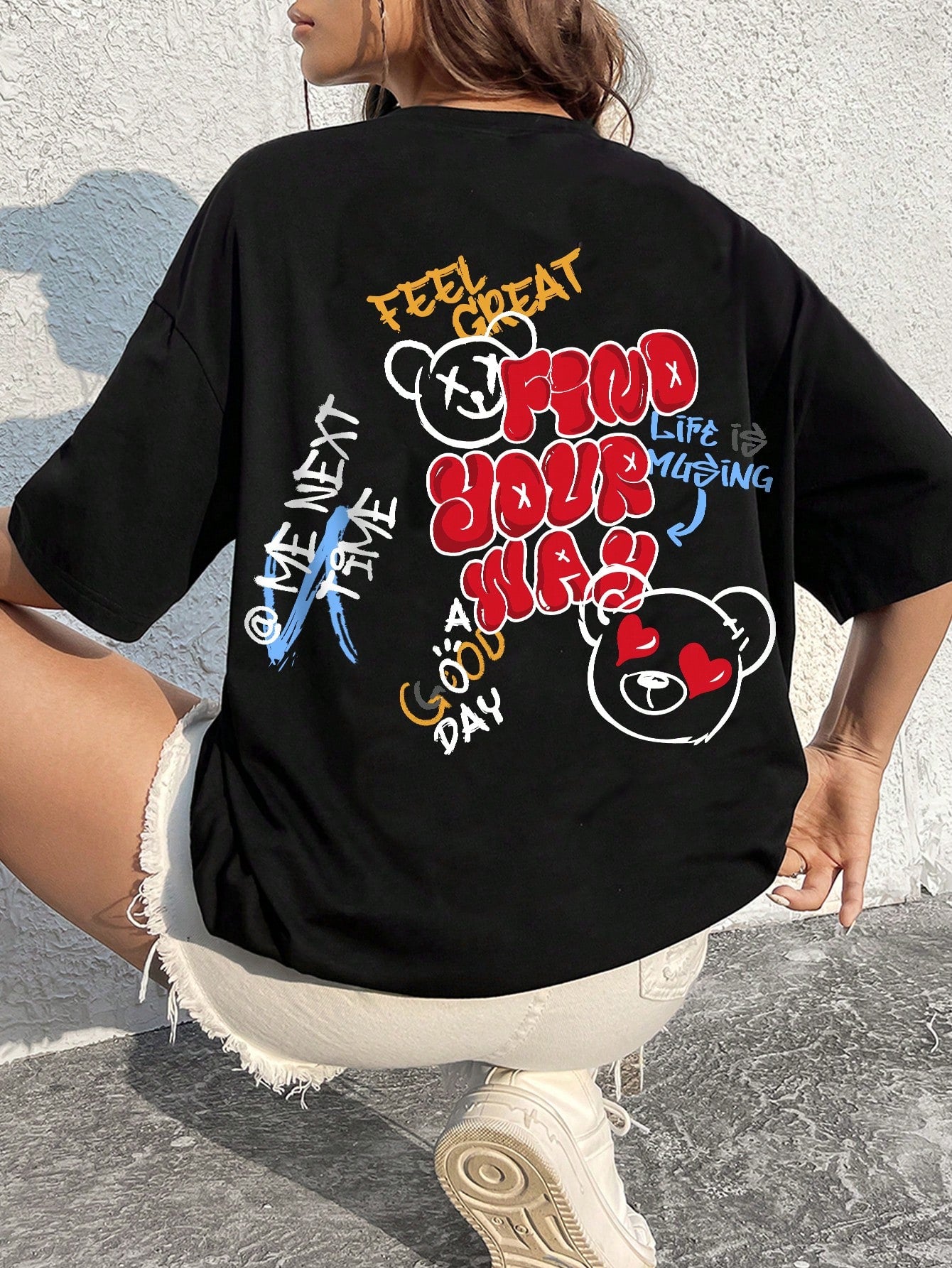 Camiseta Básica Com Estampa Ursinho Olhos Coração