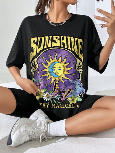 Camiseta Básica Com Estampa Sol E Lua