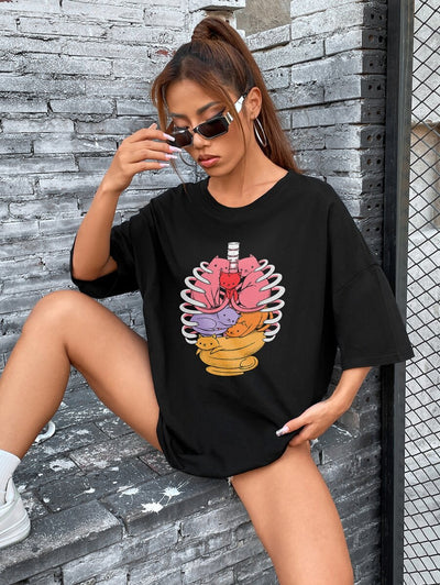 Camiseta Feminina Com Estampa Gatinhos Orgãos- preto