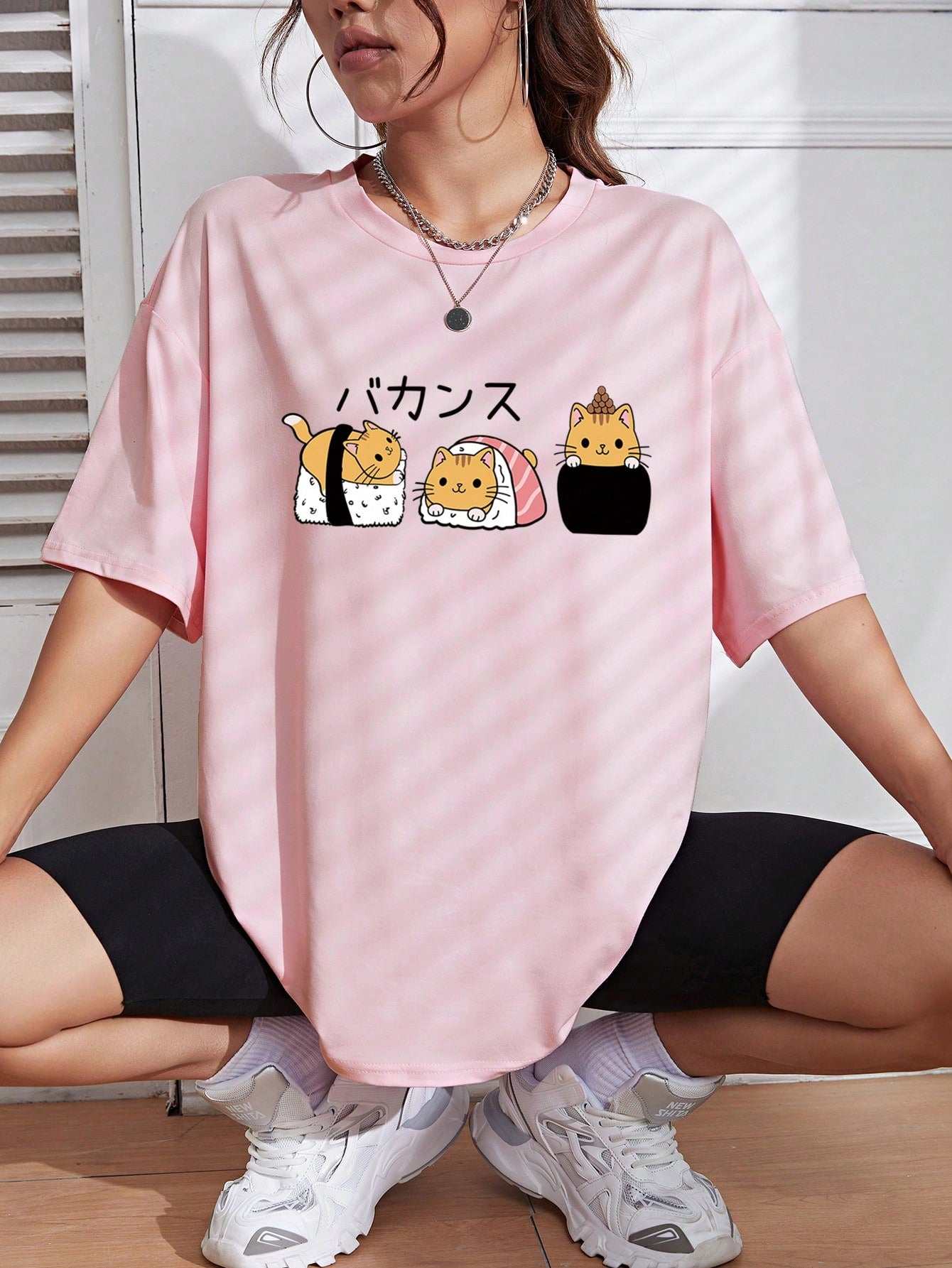 Camiseta Básica Com Estampa sushi Gato-  Rosa bebe