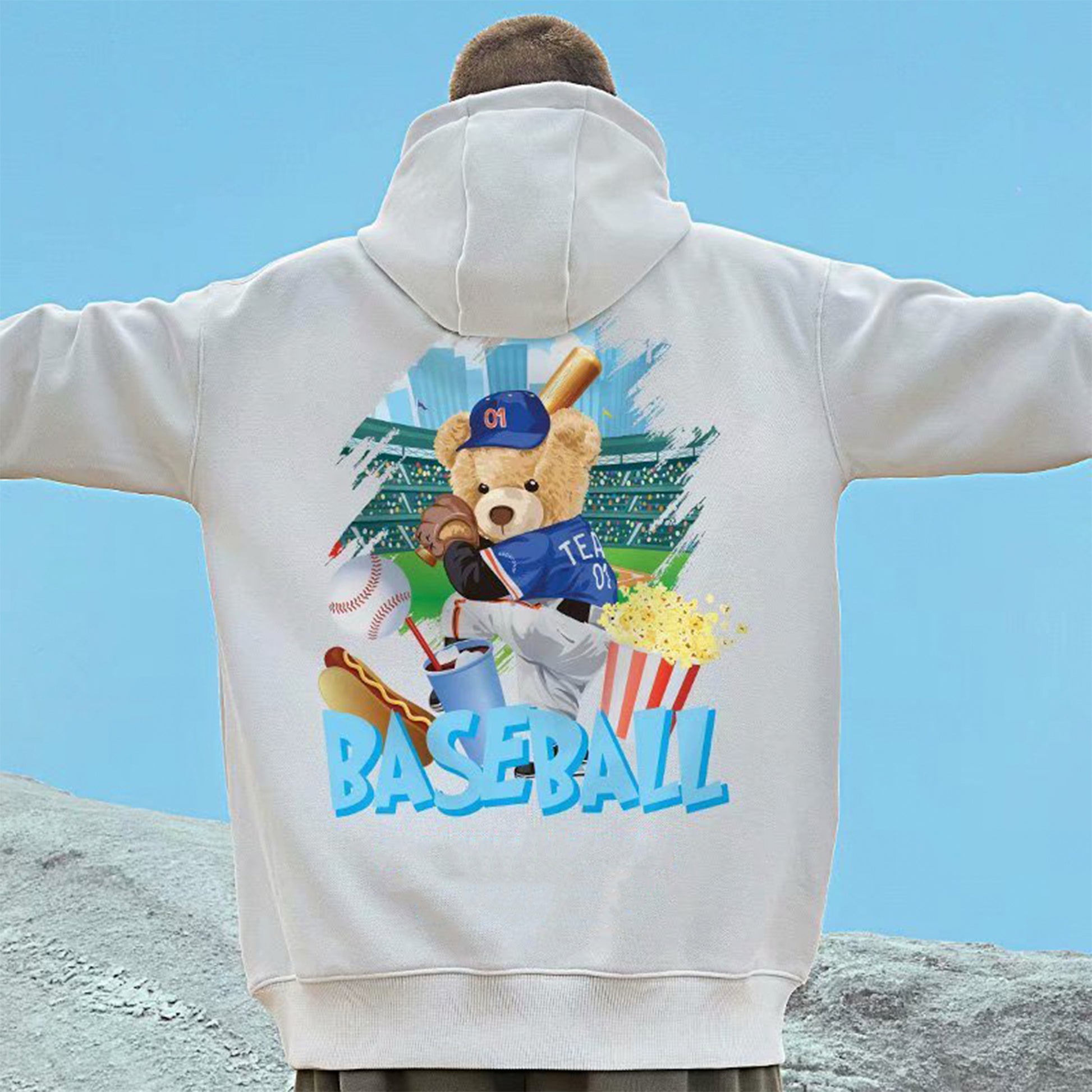Moletom Canguru Com Estampa Baseball Urso - Branco
