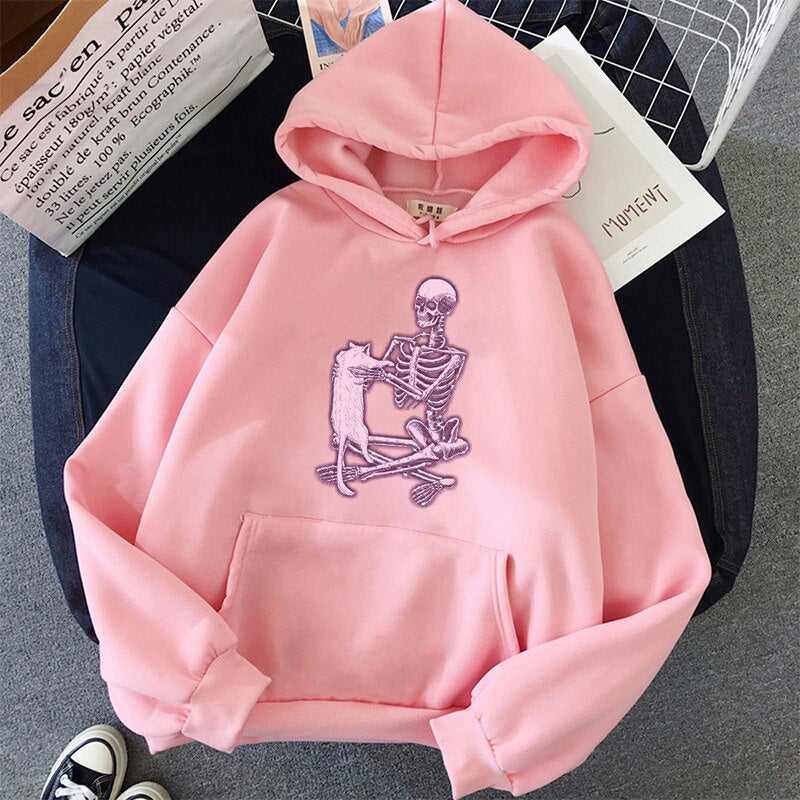Moletom Canguru Básico Unissex Gothic Street Esqueleto e Gato - rosa bebê