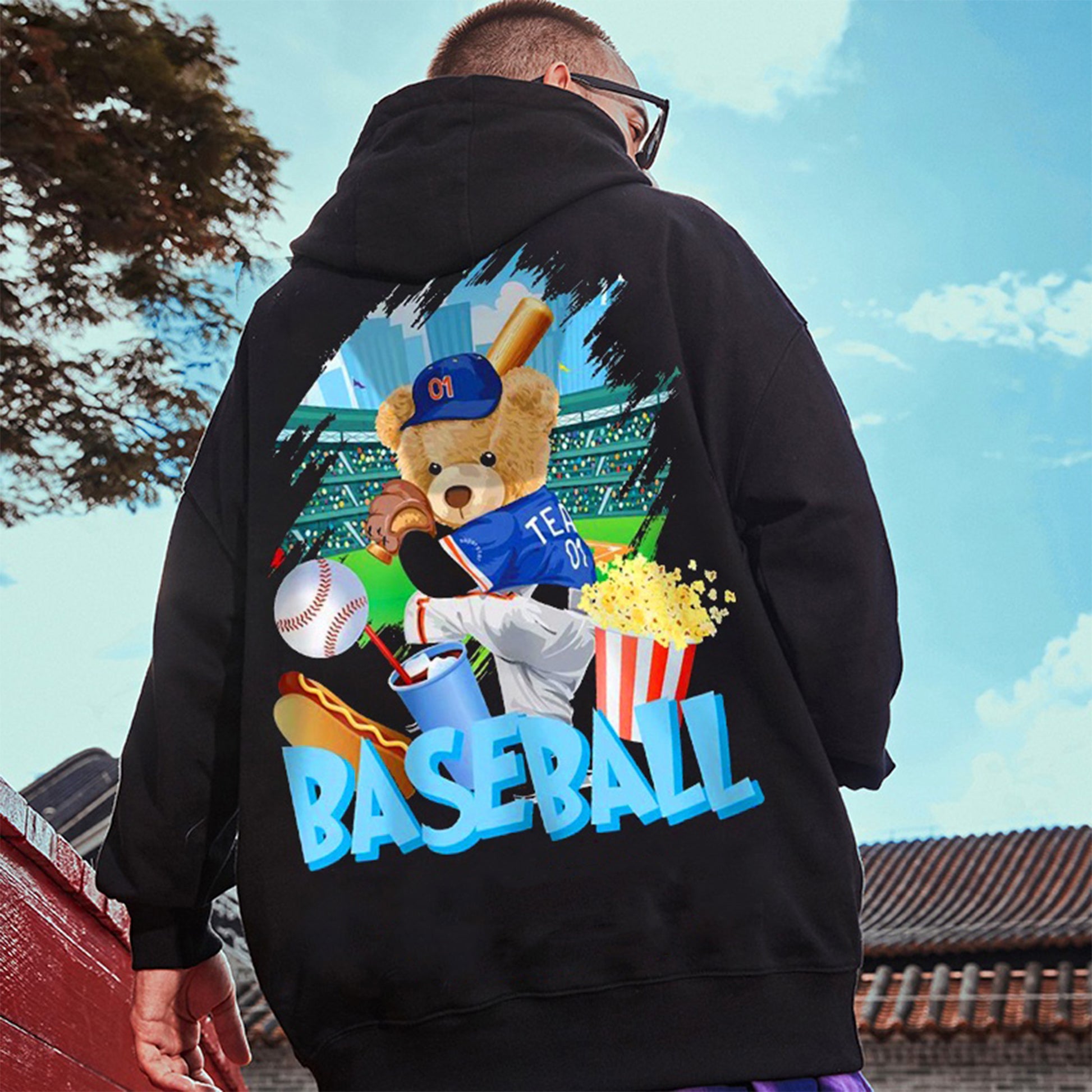 Moletom Canguru Com Estampa Ursinho Baseball - Preto